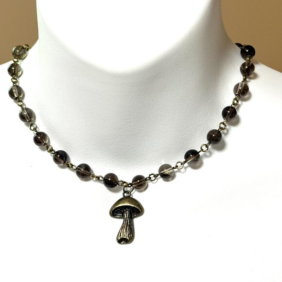 Natural Smoky Quartz Short Necklace, Genuine Gemstone + Bronze Slim Mushroom - Picture 2 of 14